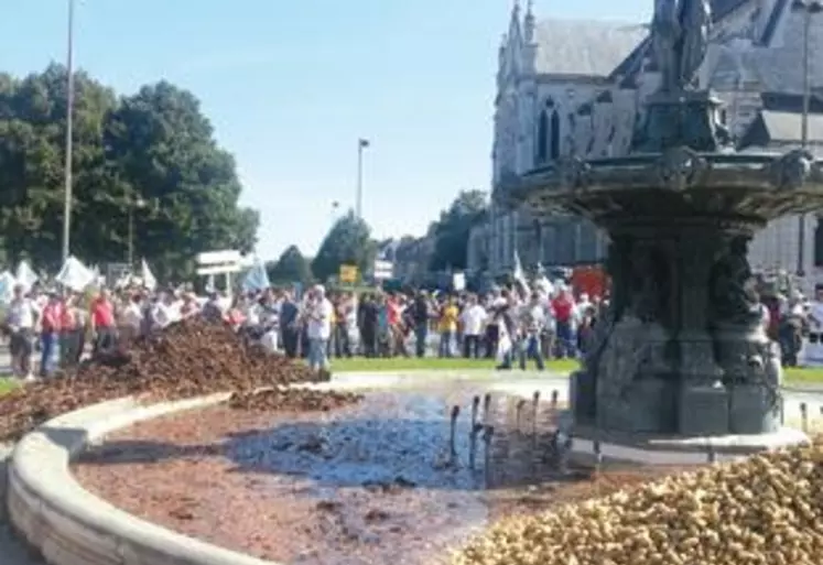 Le déversement de pommes de terre, fumier et oignons dans la fontaine, signe de la colère des agriculteurs.