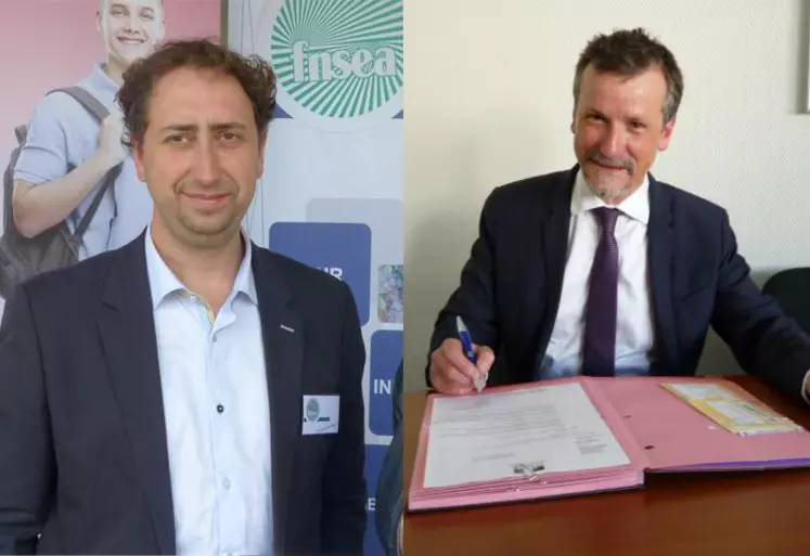 Arnaud Tachon, président de la Commission régionale Emploi de la FNSEA Nouvelle-Aquitaine, et Pierre Fabre,  directeur adjoint et responsable du Pôle travail à la Direccte Nouvelle-Aquitaine.