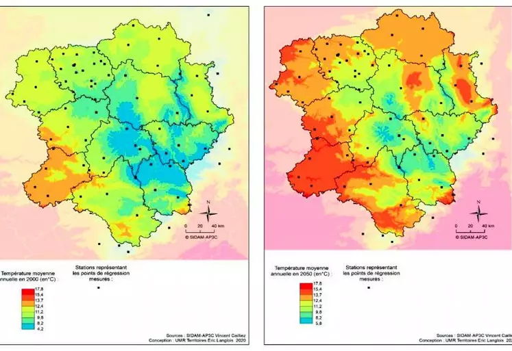 Températures moyennes en 2000 et en 2050.