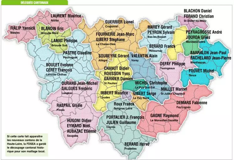 Si cette carte fait apparaître les nouveaux cantons de la Haute-Loire, la FDSEA a gardé le découpage cantonal historique pour son maillage local.