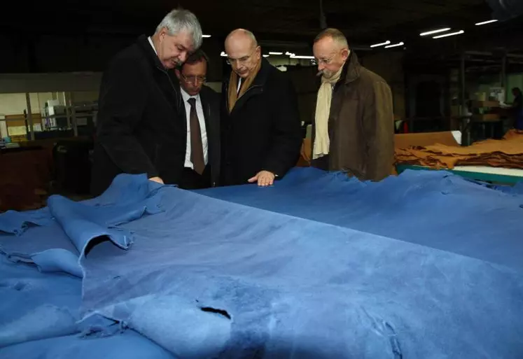 Les reponsables de l’usine et les Préfets devant une magnifique peau de veau teintée en bleu.