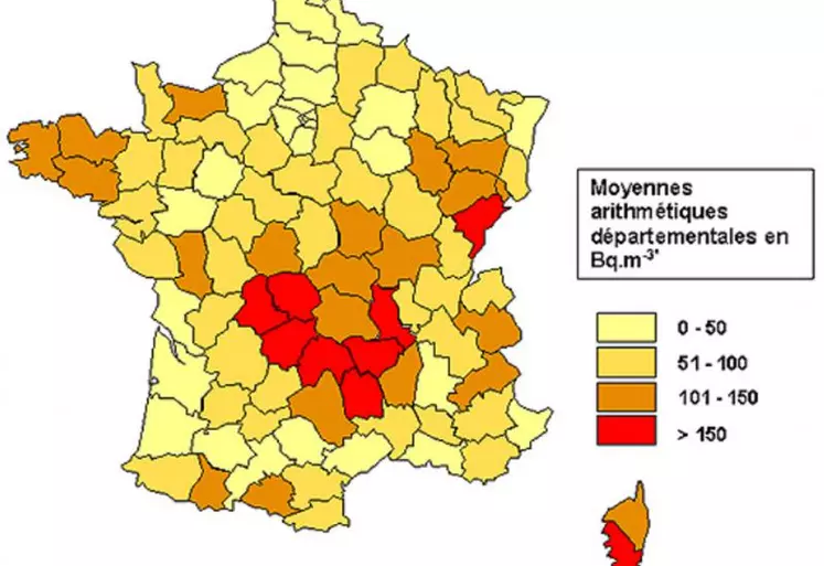 Le Cantal - comme ses voisins - avec 161 Bq/m3 de moyenne de concentration est l’un des départements plus concernés en France selon la cartographie de l’INRS.