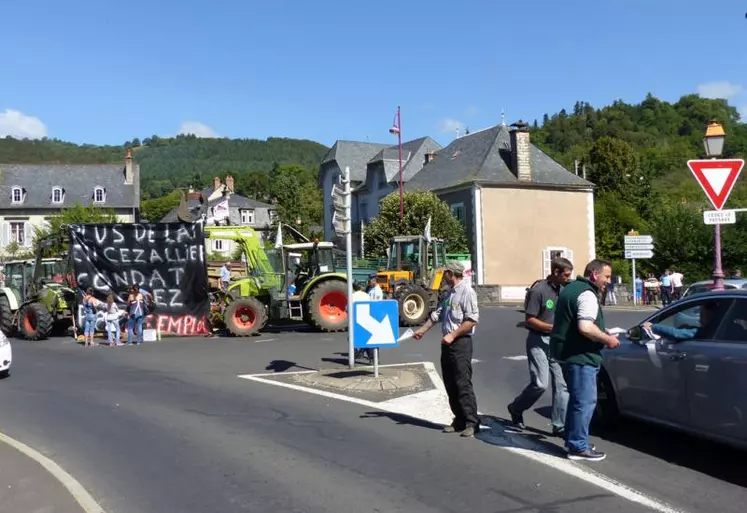 Vendredi 12 août, les producteurs de lait AOP saint-nectaire ont manifesté au rond-point de Condat à l’appel de la FDSEA et les JA du Cantal.