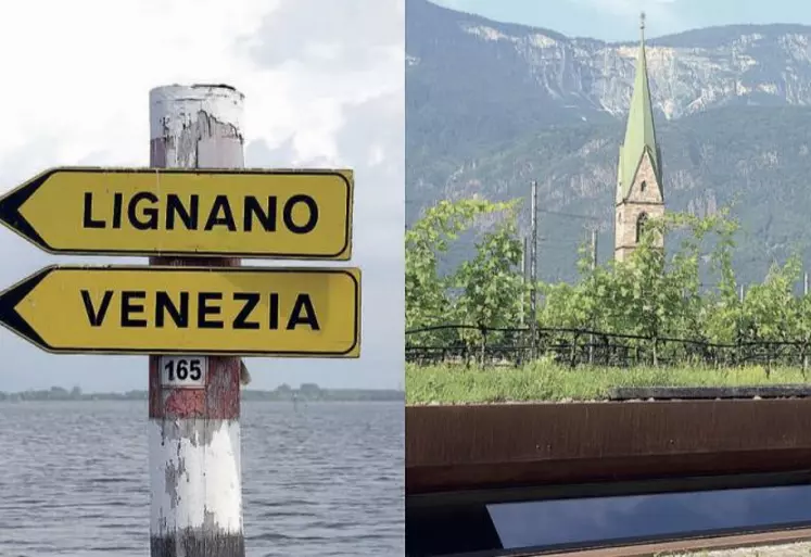 À vol d’oiseau, 150 km séparent ces deux paysages. La lagune vénitienne, modèle de valorisation des canaux et zones humides et la coopérative de Lignano, qui a creusé des fondations titanesques pour son chai, ensuite recouvert de terre et de ceps. Sous la vigne, la cave ! Les deux territoires pratiquent avec talent l’œnotourisme et la promotion de leur agriculture (www.unii.org - www.suedtirol.info/fr).