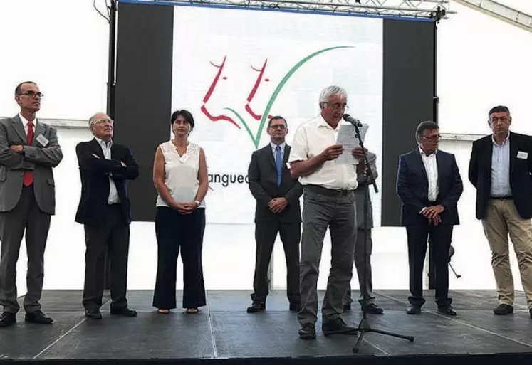 Thierry Olivier, secrétaire général de la préfecture, Jacques Blanc, Sophie Pantel, présidente du Département, Pierre Morel-à-l’Huissier, député de Lozère, Michel Maurin, président de la SA LLV, René Bouquet, directeur de la SA LLV et André Veyrac, président de la Célia.