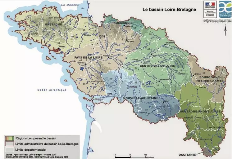 Le bassin Loire-Bretagne représente 155 000 km², soit 28 % du territoire national métropolitain.