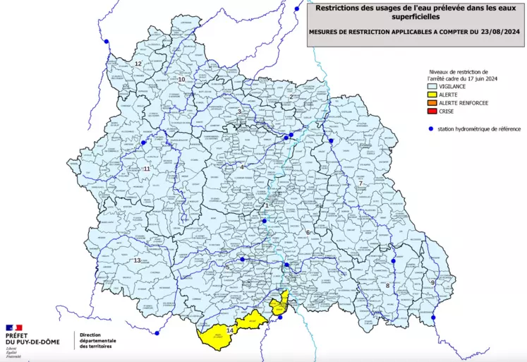 Carte des restrictions des usages de l’eau prélevée dans les eaux superficielles.