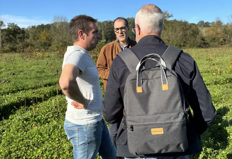 3 personnes, dont Emmanuel Lissajoux, en bordure de parcelle