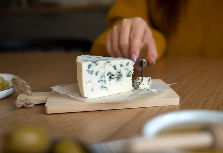 femme coupant un fromage bleu avec un couteau