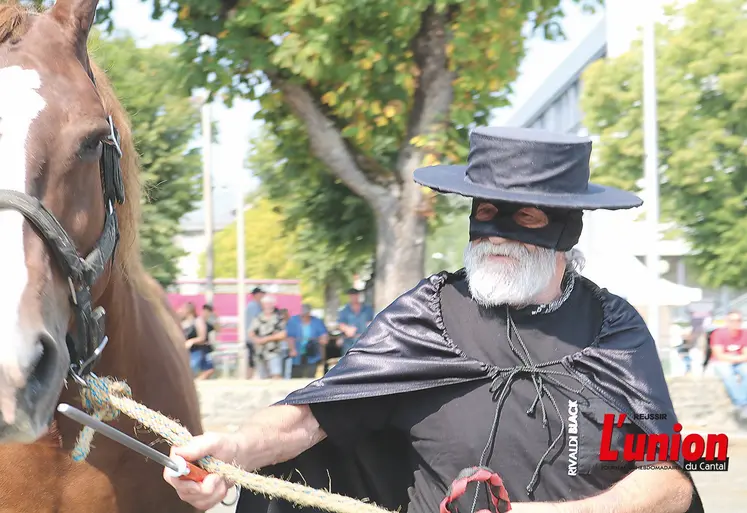 Un éleveur de chevaux lourd conduit sa jument déguisé en Zorro. 