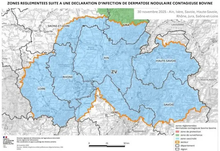 45 jours après le dernier foyer et si le taux de vaccination de la zone le permet, la zone réglementée devient zone vaccinale DNC. Cela ouvre la porte à une reprise des échanges, vers la zone indemne dans un premier temps et à l’export dans un deuxième temps. Compte tenu de leur proximité, 3 anciennes zones ont été fusionnées en une seule grande zone vaccinale.