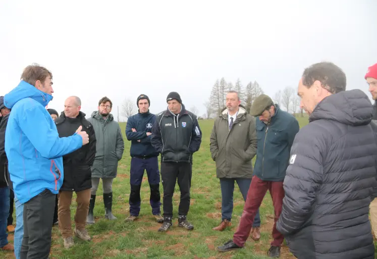 Groupe de personnes au milieu d'un pré où des monticules de terre sont visibles.