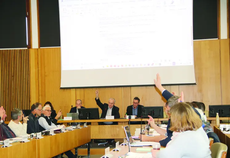 Des élus en train de voter à main levée.