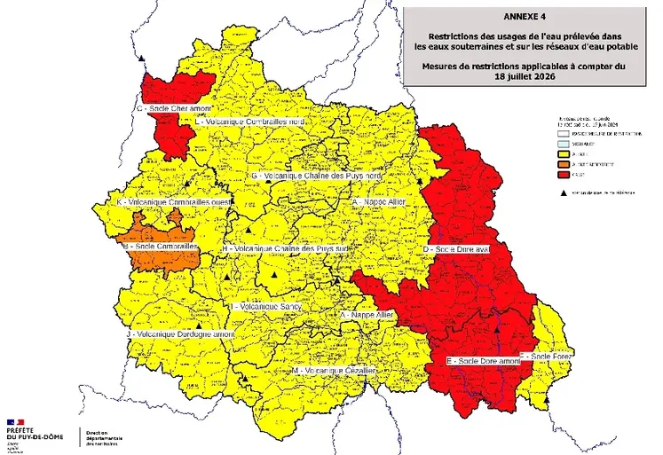 Restrictions des usages de l'eau prélevée dans les eaux souterraines et sur les réseaux d'eau potable, depuis le 18 juillet. 