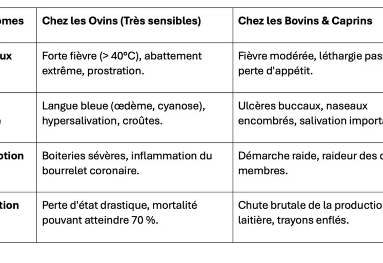 Les symptômes cliniques de la FCO3 chez les ruminants