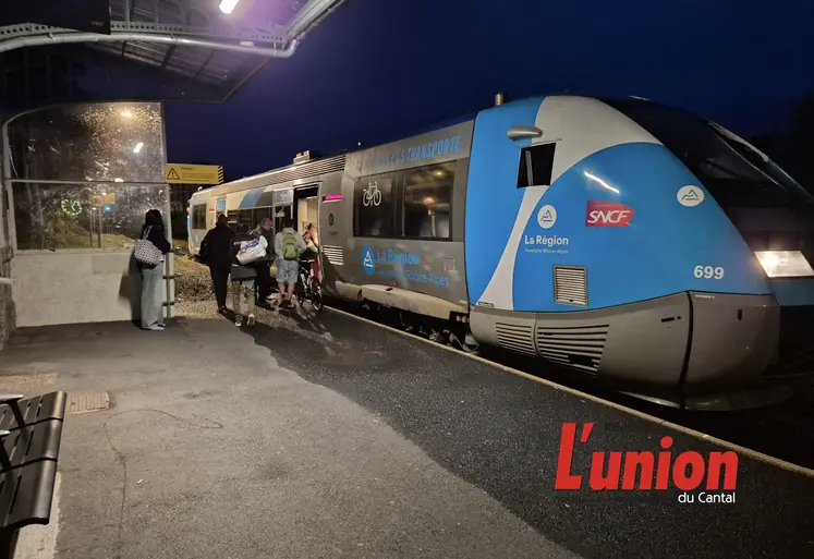 à gauche de la photo des gens montent dans un train bleu.