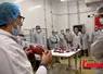 dans un atelier de découpe de viande, un responsable montre à des visiteurs un produit découpé, conditionné sous-vide