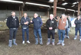 De gauche à droite : Jonathan Janichon (président de la section bovine régionale), François Garrivier (vice-président de la FDSEA de la Loire), Patrick Bénézit (président de la FNB), Jean-Luc Perrin (président de la FDSEA de la Loire et de la FRSEA Aura) et Maxime Brun (président de la section bovine 42). 