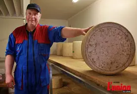 producteur de fromages dans une cave qui présente une fourme de salers AOP