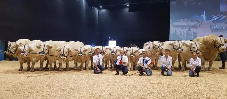 Thierry, Bernard, Laurent, Stéphanie et Mireille Clame au concours national adulte de Roanne (42), en 2019, devant les 1er prix et 2e prix d’ensemble.