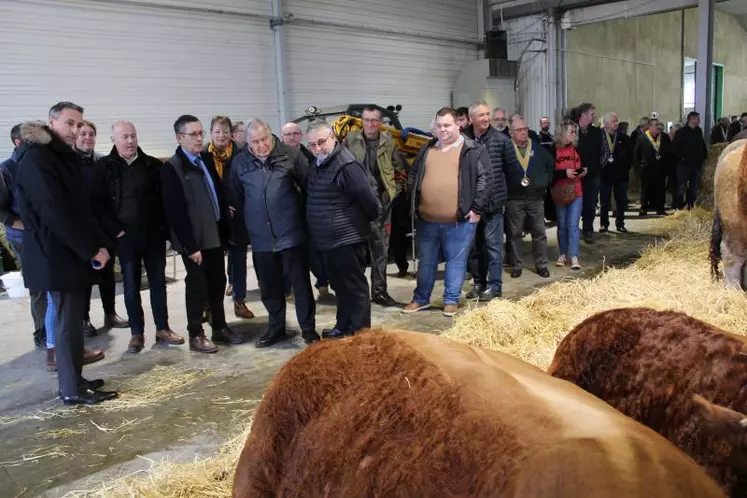 Visite de la délégation officielle dans les allées de la foire concours en fin de matinée, le samedi 18 février. Ici, à proximité des bovins de race Aubrac et Limousine.