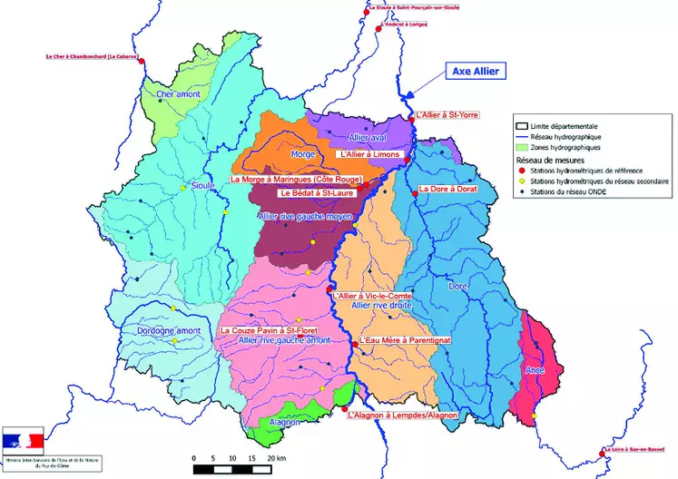 Carte départementale des zones hydrographiques issue du nouvel arrêté cadre sécheresse qui prévoit 11 zones au lieu de 7.