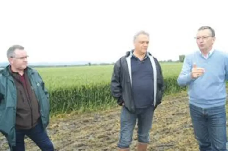 François Clément, directeur de la communication auprès des adhérents (à gauche) et Jean-Luc Vialles, directeur de l’innovation et du développement agronomique (à droite) ont expliqué aux adhérents la nature des travaux conduits sur l’exploitation de Jean-Marc Debin (au centre) ainsi que les résultats.