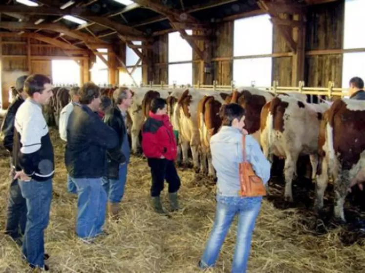 Les éleveurs du groupe lait du Vernet-la-Varenne, visualisent l’effet vêlage 2 ans, demandent nombre d'explications à Patrice Faucher de Sauxillanges.