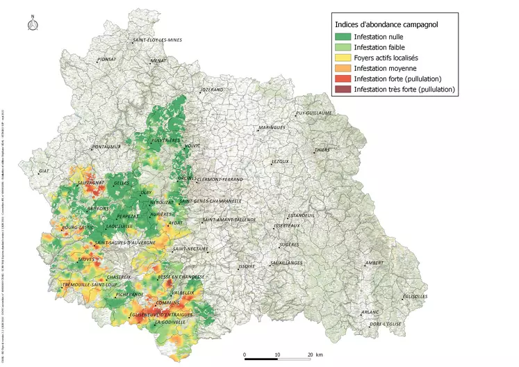 Carte de surveillance du campagnol dans le Puy-de-Dôme