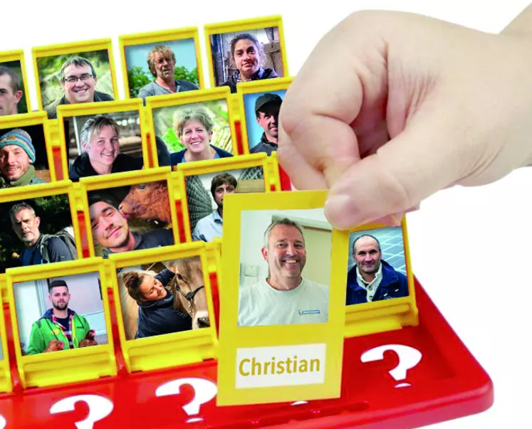 Jeu de "qui est-ce" dont les visages sont remplacés par des photos d'agriculteurs et agricultrices.