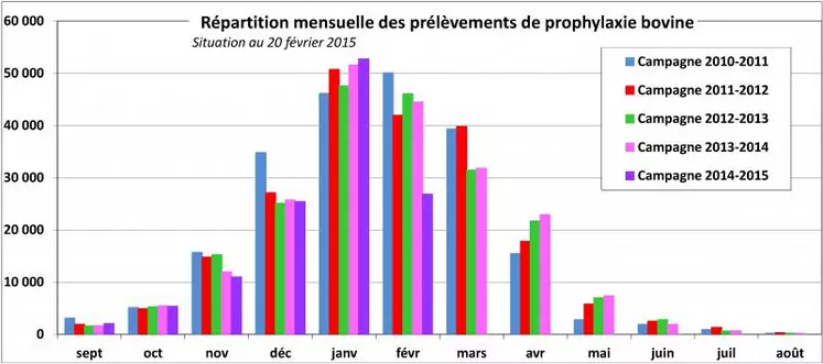 En Creuse, la campagne de prophylaxie bovine se déroule du 1er septembre au 31 mai (1er octobre 2015-31 mai 2016 pour 2015-2016). Tous les élevages doivent réaliser leur prophylaxie au cours de cette période. Plus des 3/4 des prélèvements sont effectués sur 4 mois, de décembre à mars. Sauf cas de force majeure dûment notifiée à la DDCSPP, la qualification des cheptels dont la totalité de la prophylaxie n’est pas terminée au 31 mai peut être suspendue jusqu’à la ...