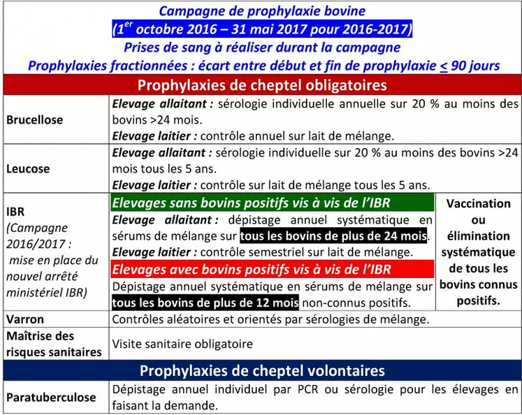 Le nouvel arrêté ministériel IBR renforce le dépistage dans les cheptels détenant des bovins positifs vis à vis de l’IBR. Une vérification sur la première page du DAP de l’adéquation entre les analyses demandées et les besoins de votre cheptel sera effectuée entre votre vétérinaire et vous. Rappelons que cette dernière suit tout prélèvement de prophylaxie après avoir été signée par vous-même et votre vétérinaire.