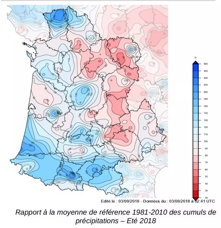 Rapport à la moyenne de référence 1981-2010 des cumuls de précipitation – été 2018.