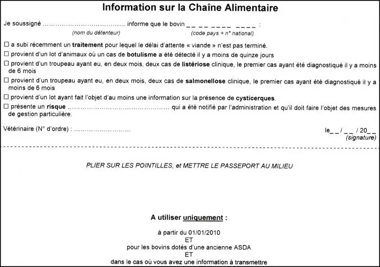 Si le bovin n'est pas muni d'une nouvelle ASDA ICA, demandez à GDS Creuse le document à compléter nécessaire. Ce document reprend le verso des nouvelles ASDA ICA avec une partie à plier et il est à utiliser seulement pour les bovins dotés d'une ancienne ASDA (sans ICA au verso) et dans le cas où une ICA est à transmettre. Un document collectif est également disponible.