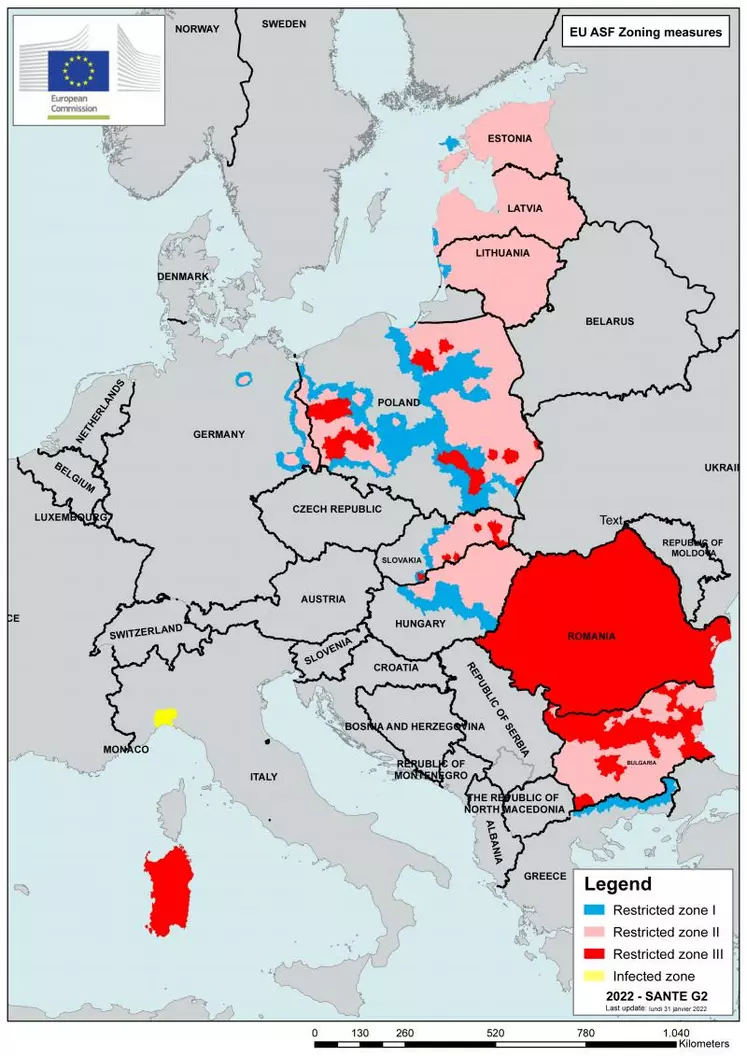 Carte de la fièvre porcine africaine en Europe.