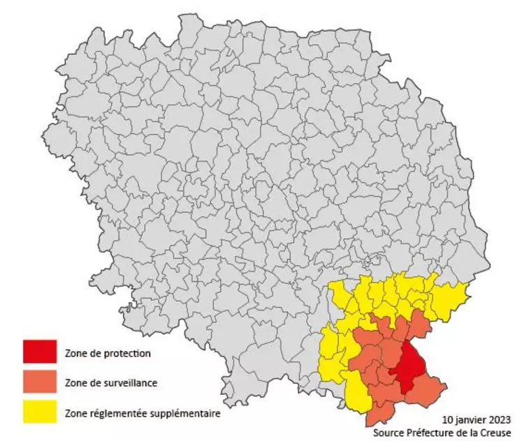 Les zones Influenza Aviaire Hautement pathogene (IAHP) en Creuse au 10 janvier 2023.