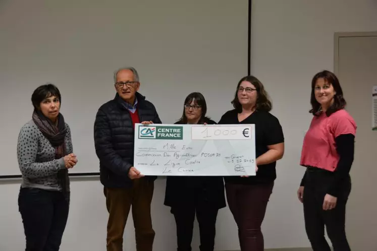 Les représentantes de la Commission des agricultrices remettent leur chèque à la Ligue contre le Cancer.