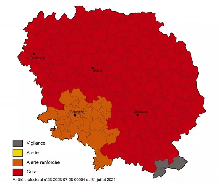 Carte des communes concernées par l'arrêté en vigueur au 31 juillet 2023.