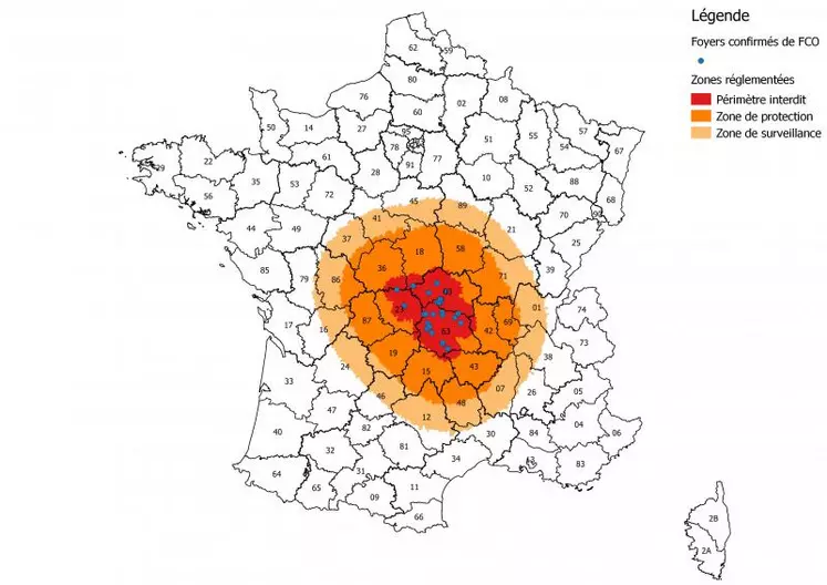 Lors de découverte d’un foyer, une zone réglementée est mise en place avec un périmètre d’interdiction (PI) de 20 km, une zone de protection (ZP) de 100 km et une zone de surveillance (ZS) de 150 km. Le zonage évolue chaque jeudi en fonction des résultats de la semaine. Cette carte correspond à la situation au 24 septembre. Elle est actualisée sur notre site à chaque modification.