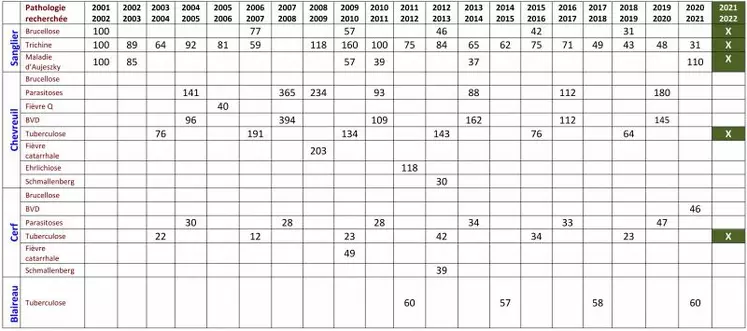 Le suivi 2020/2021 concernait des pathologies sur les cerfs, les blaireaux et les sangliers. Une fois de plus tous les résultats se sont montrés négatifs.