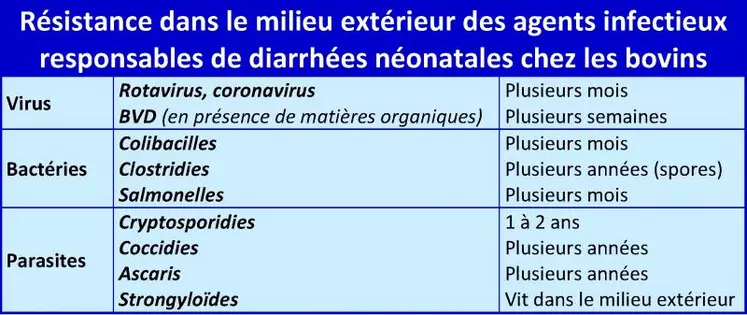 Les bactéries, virus et parasites sont capables de résister dans l’environnement. Pour la plupart des germes, cette résistance se trouve augmentée s’ils sont protégés par des matières organiques (sang, matières fécales même séchées). En élevage bovin, dans un local non-nettoyé et non-désinfecté, les germes responsables des différentes maladies rencontrées au cours d’un hivernage peuvent persister et ainsi contaminer de nouveau les animaux l’hiver suivant.