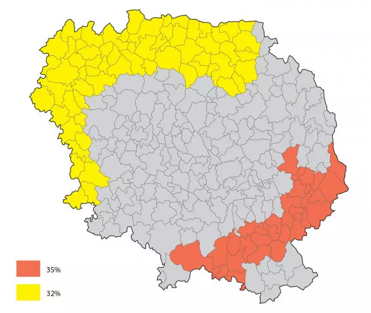 - 33 communes du Sud-Est du département ont été reconnues avec un taux de perte de 35 % sur prairie en cumulant l'effet de la sécheresse et de l'orage du 4 juin.
- 63 communes du Nord et de l'Ouest ont été reconnues avec un taux de perte de 32 % sur prairie suite à la sécheresse.
Source DDT 23