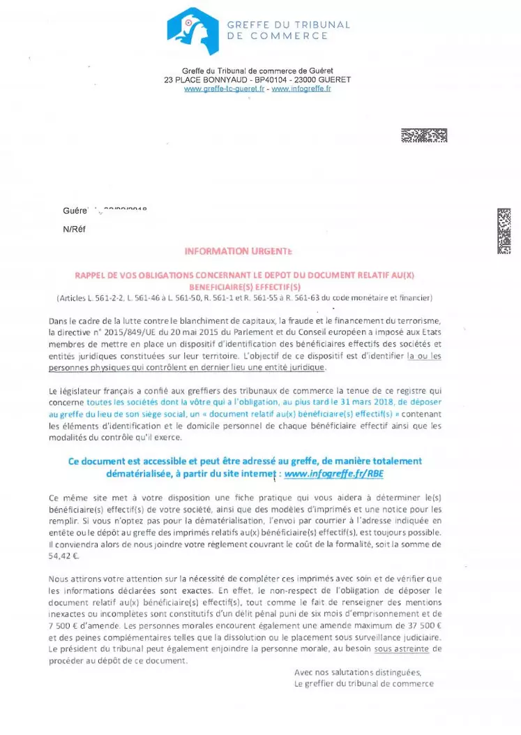 Courrier du tribunal de commerce.