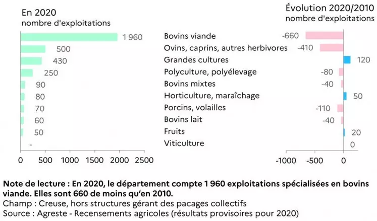 Orientation économique des exploitations creusoises en 2020 et évolution.