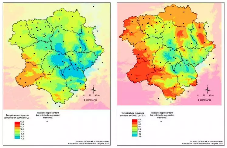 Températures moyennes en 2000 et en 2050.