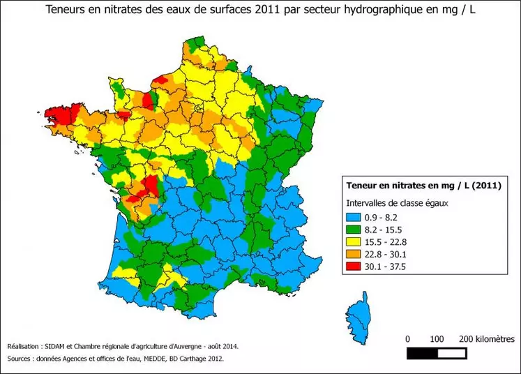 Teneurs en nitrates des eaux de surfaces 2011 par secteur hydrographique en mg/l.