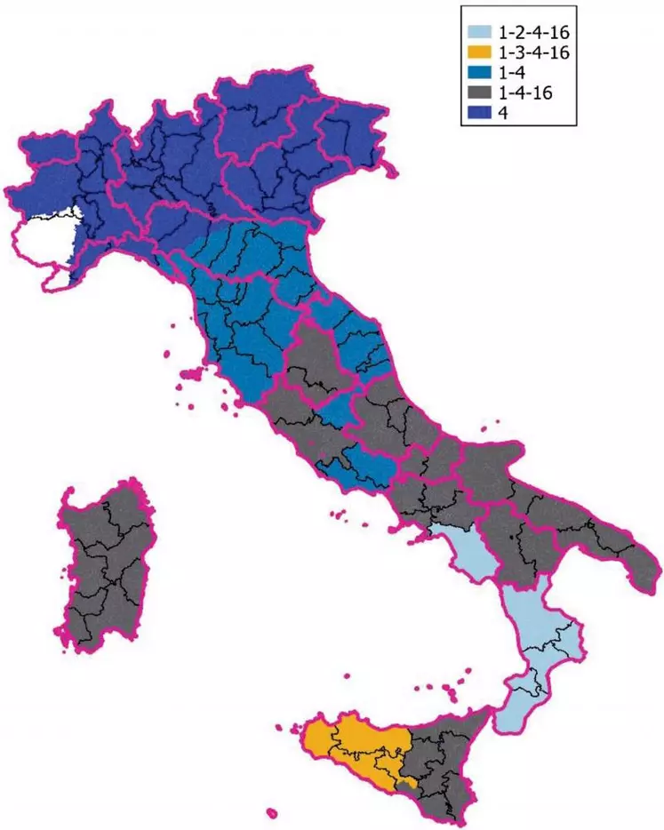 Toute l’Italie, sauf une partie de la Province du Piémont est en zone réglementée vis à vis du sérotype 4 avec reconnaissance mutuelle entre la France et l’Italie, donc avec circulation libre vis à vis du sérotype 4 entre ces zones.