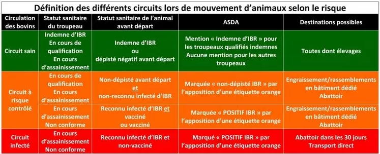 Les mouvements sont le principal facteur de risque de contamination des cheptels. Pour une bonne maîtrise, il faut respecter la séparation des circuits, un isolement à l’introduction et une prise de sang IBR entre 15 et 30 jours. La dérogation au contrôle IBR ne sera accordée qu’en cas de transport « direct et maîtrisé » entre un vendeur « indemne d’IBR » et l’acheteur.