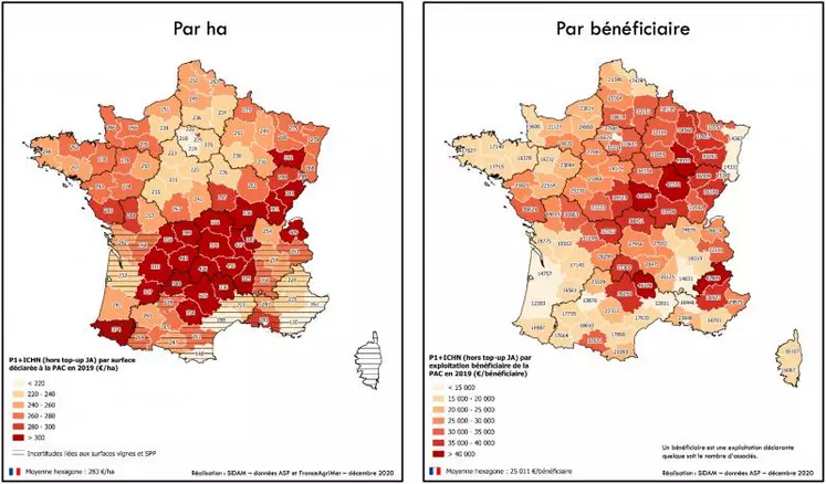 Même en intégrant l’ICHN, le retour des aides Pac par bénéficiaire (exploitation) reste actuellement plus favorable aux zones de grandes cultures de la moitié nord de la France. 
Sources : Sidam (données ASP et FranceAgriMer 2020).