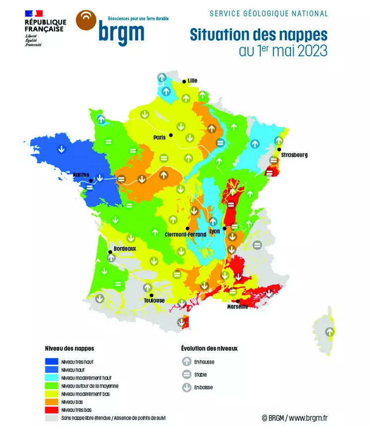 Carte des nappes d'eau en France au 1er mai 2023